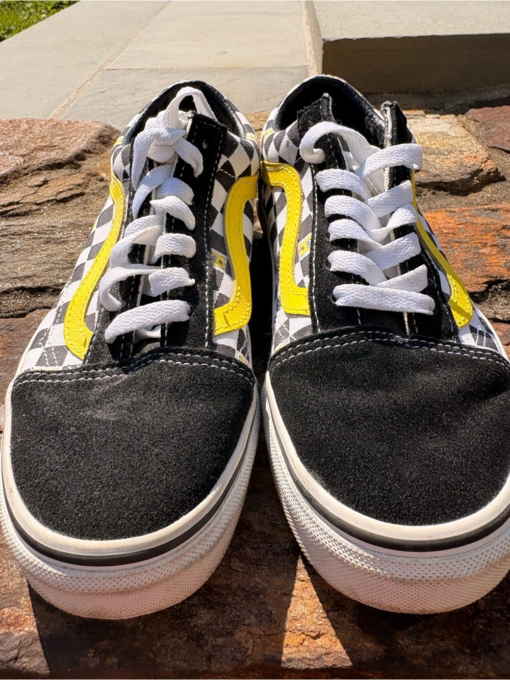 Vans Kids Black & White Checkerboard Sneakers with Yellow Stripe